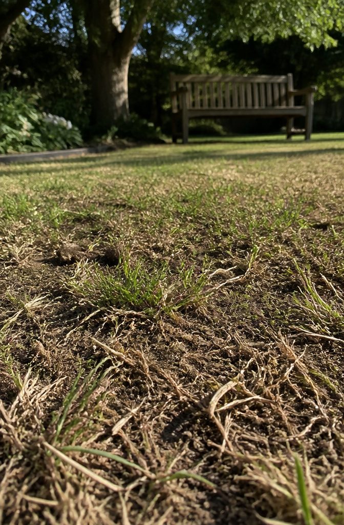 Why Is It Bad to Mow Your Lawn Too Short? 5 Close-up of lawn grass with brown patches and insect damage.