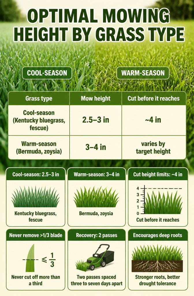 Why Is It Bad to Mow Your Lawn Too Short? 10 A chart showing optimal mowing heights for different grass types.