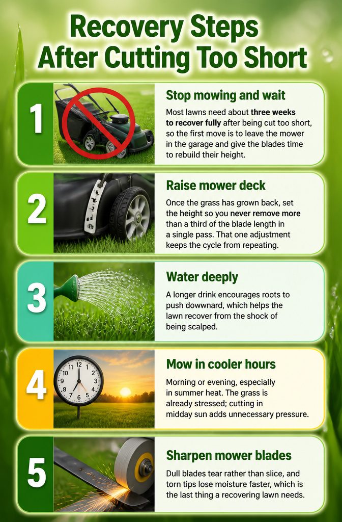 Why Is It Bad to Mow Your Lawn Too Short? 12 A list of recovery steps for grass cut too short.