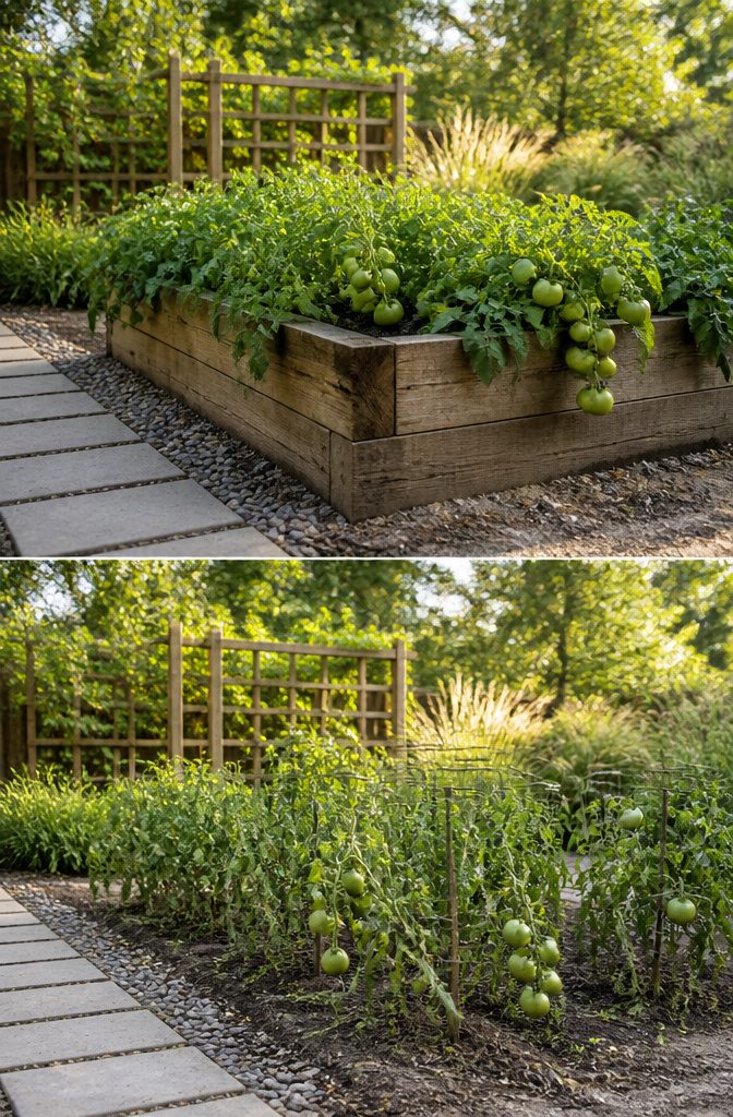 A rectangle of dirt planted with vegetables, framed by wooden boards.