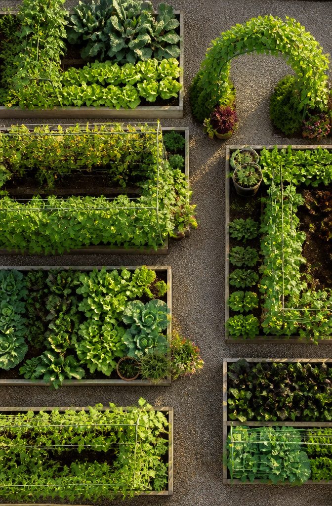 A raised bed with closely spaced plants and a trellis for vertical growth.