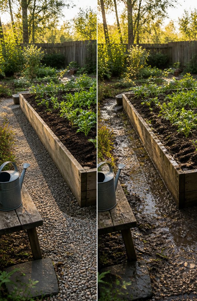 A raised bed garden with well-drained soil and surrounding paths.