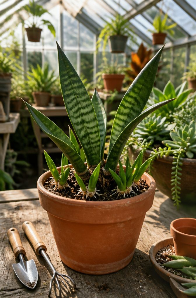 Why the Low Light Drought Tolerant Starfish Snake Plant Is the Star of the Show 8 Starfish snake plant with pups emerging from the soil in a greenhouse.