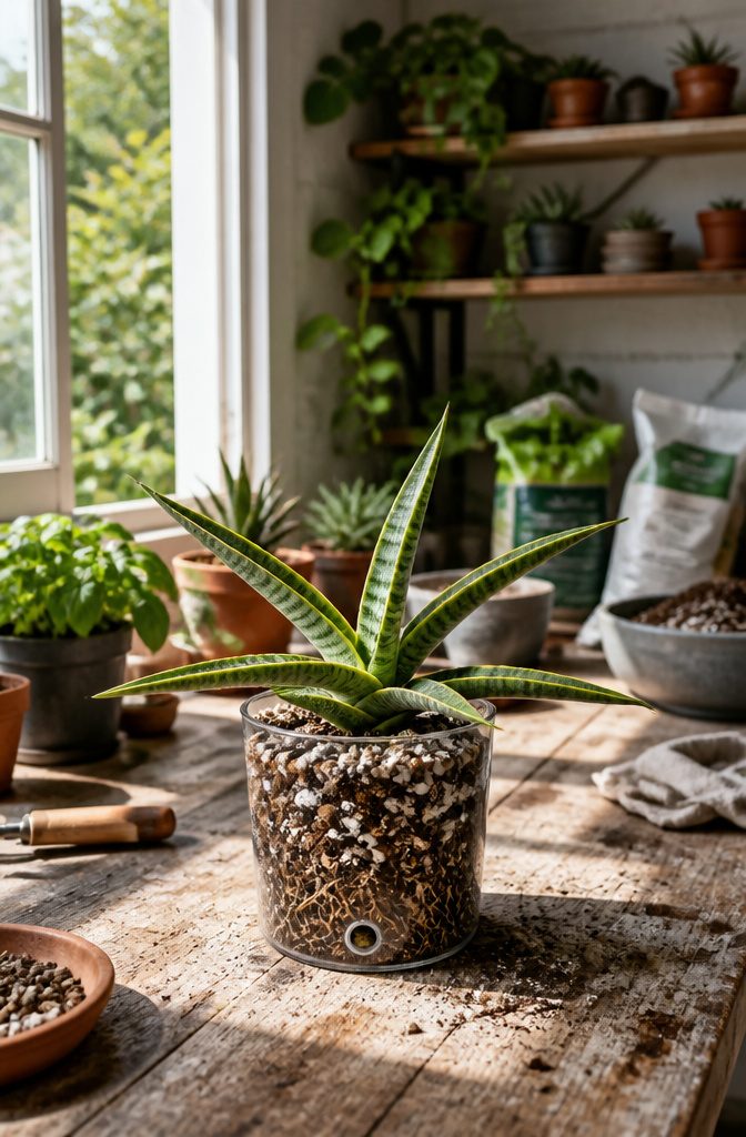 Why the Low Light Drought Tolerant Starfish Snake Plant Is the Star of the Show 4 Starfish snake plant with visible roots in a potting mix.