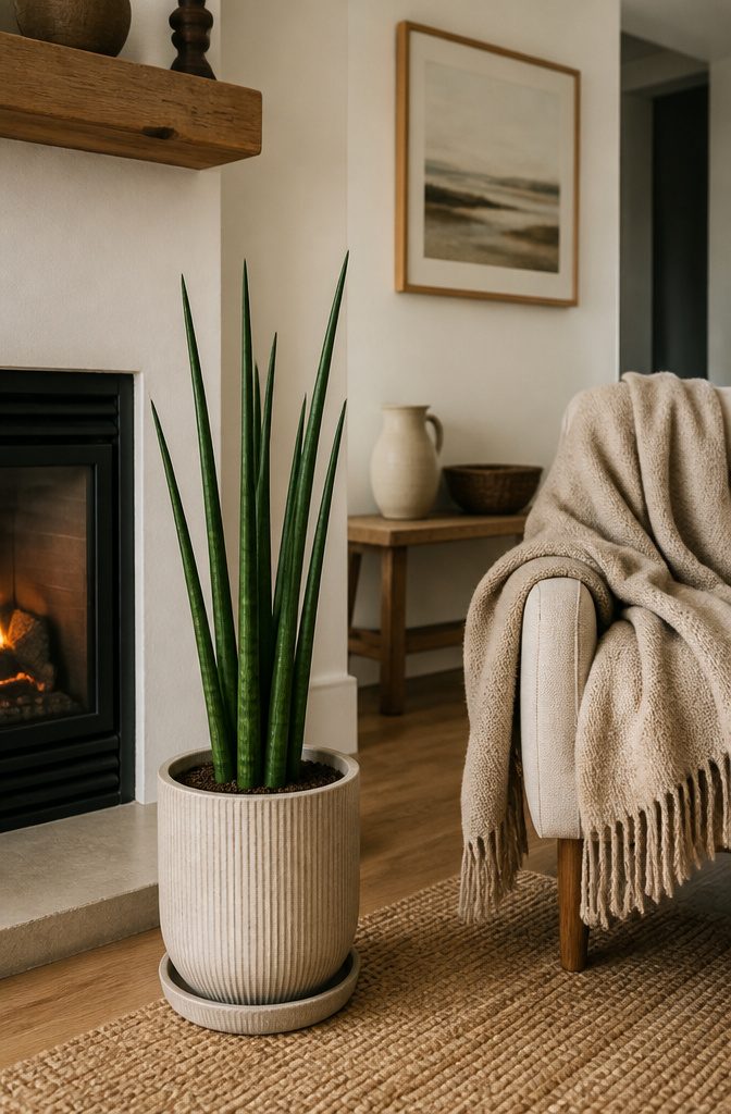 Why the Low Light Drought Tolerant Starfish Snake Plant Is the Star of the Show 5 A starfish snake plant near a cozy fireplace in a living area.