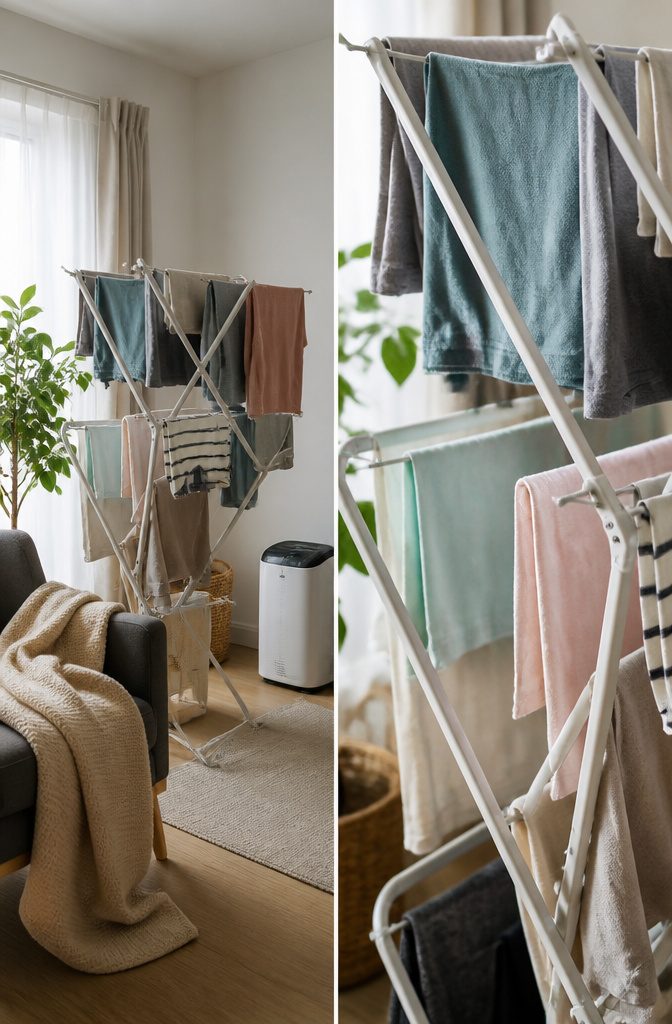 Foldable drying rack filled with laundry in an indoor space.