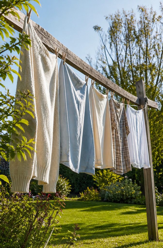 Close-up of clothes hanging on a rustic line with gentle movement.