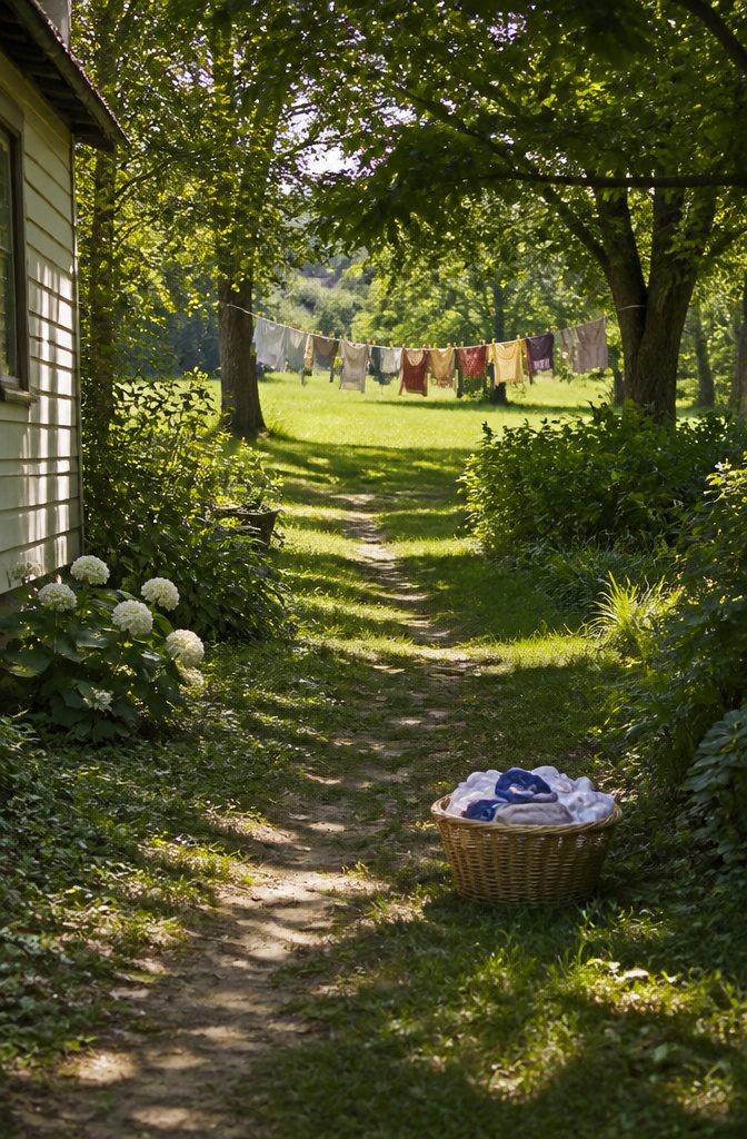 Photograph of a person carrying a basket of wet laundry to a clothesline.