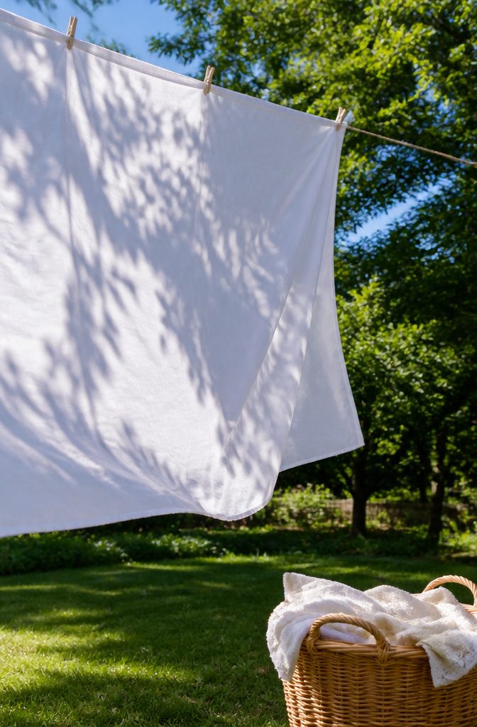 Linen sheet billowing on a clothesline, illuminated by sunlight.