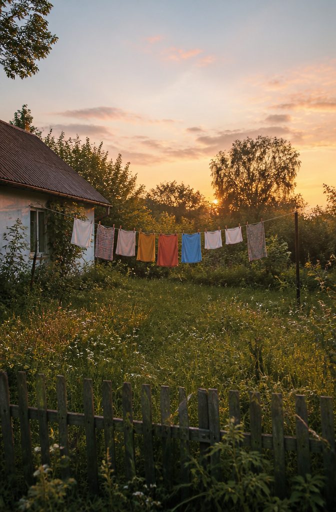 Person hanging laundry on a clothesline with a serene outdoor background.