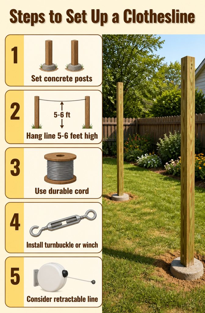 Information graphic detailing steps to set up a clothesline.