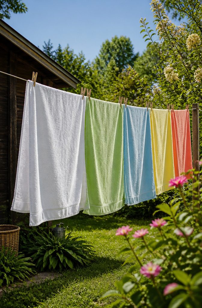 Line of colorful cotton towels hanging on a clothesline in a garden.