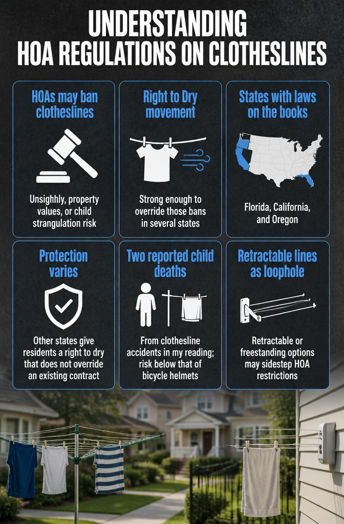 Information graphic explaining HOA regulations regarding clotheslines.