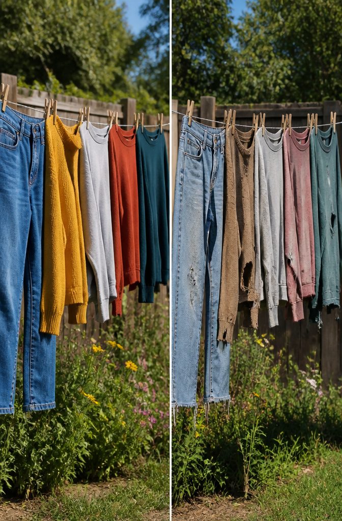 Photograph showing various fabrics drying on a clothesline.