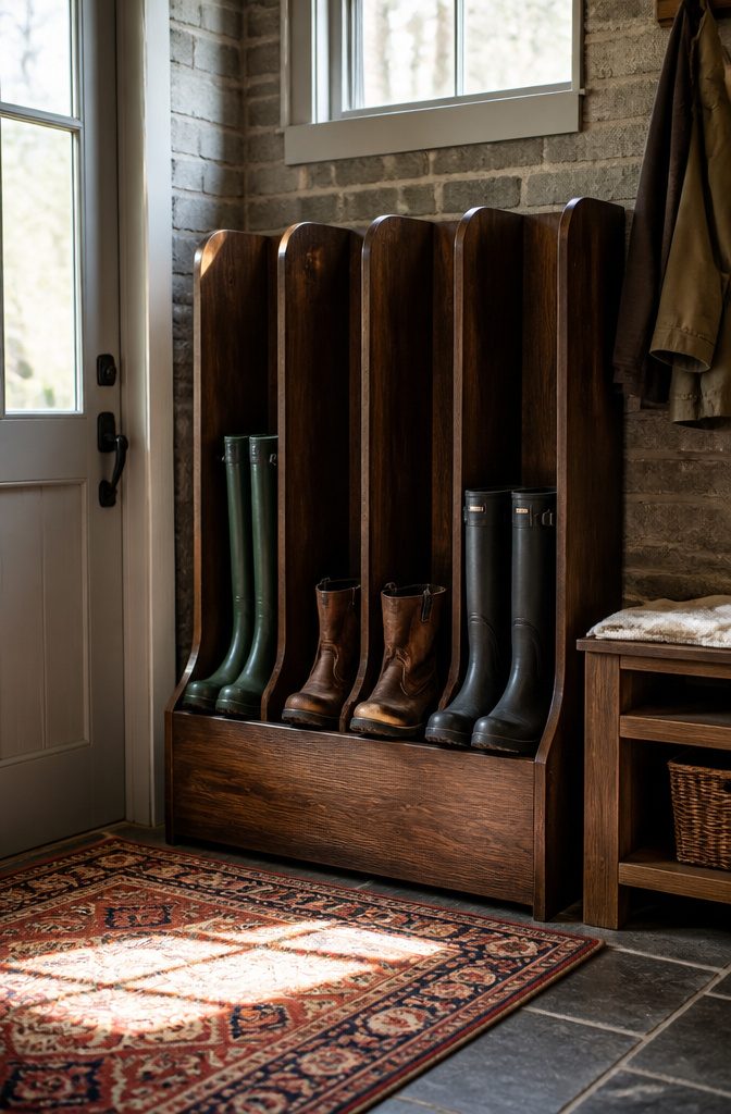 Boot rack with slots for different styles of boots.