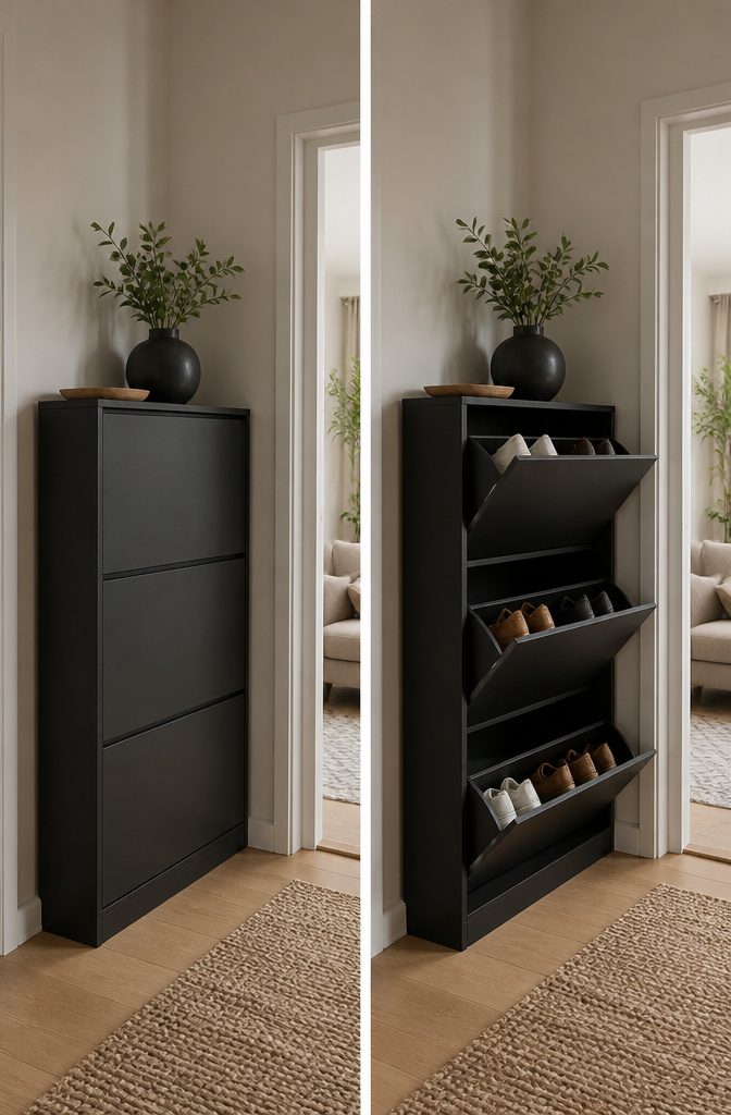 Closed shoe cabinet designed to hold multiple pairs of shoes.