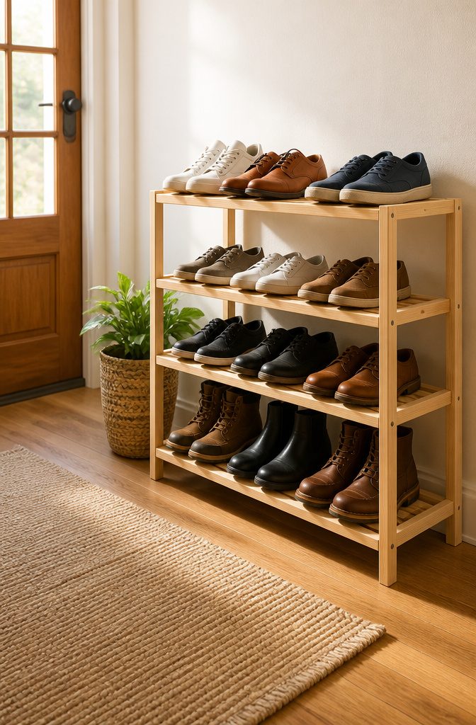 Open wooden shoe rack displaying shoes of different colors and styles.