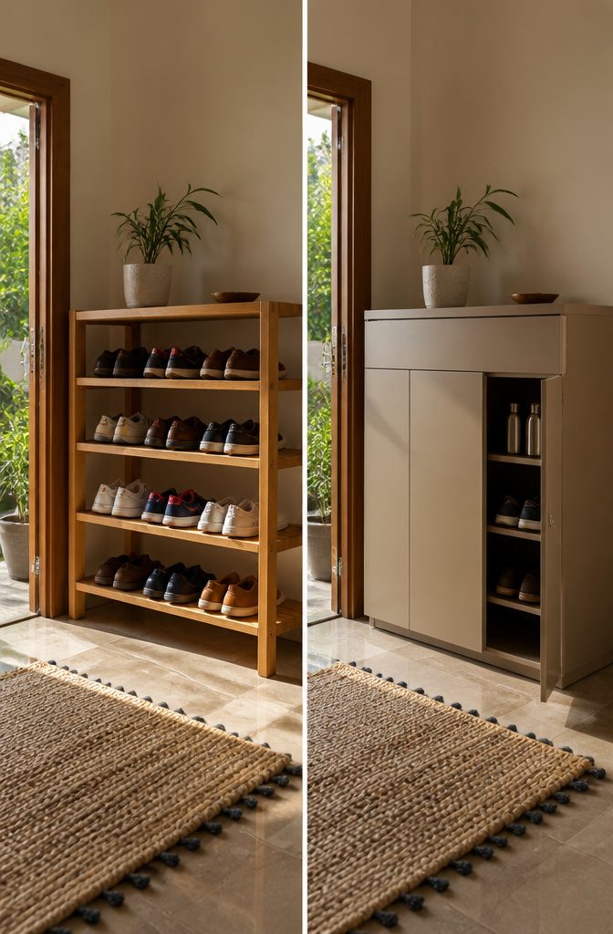 Comparison of open and closed shoe storage solutions.