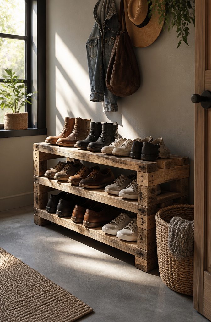 Pallet shoe rack exhibiting various footwear in a cozy space.