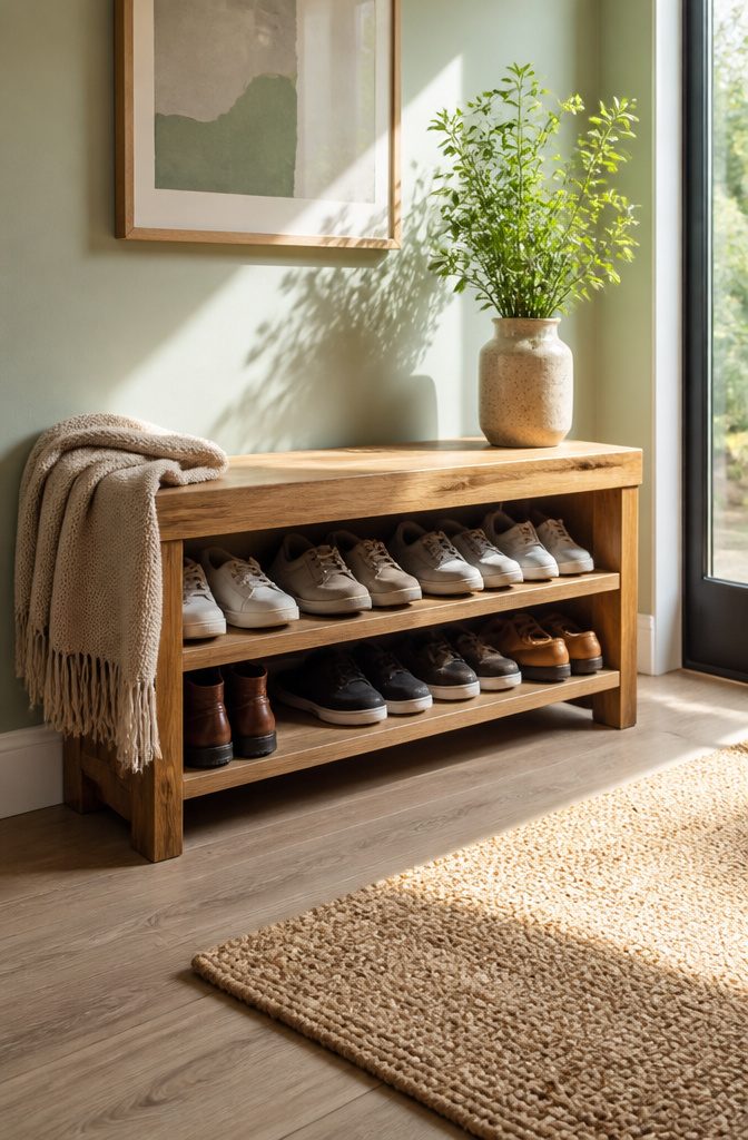 Shoe bench with open shelves and a solid wood top in a bright entryway.