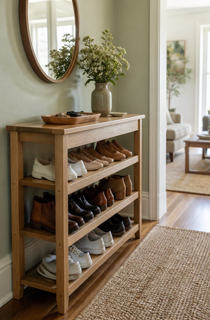 Console table featuring shelves for organized shoe storage.
