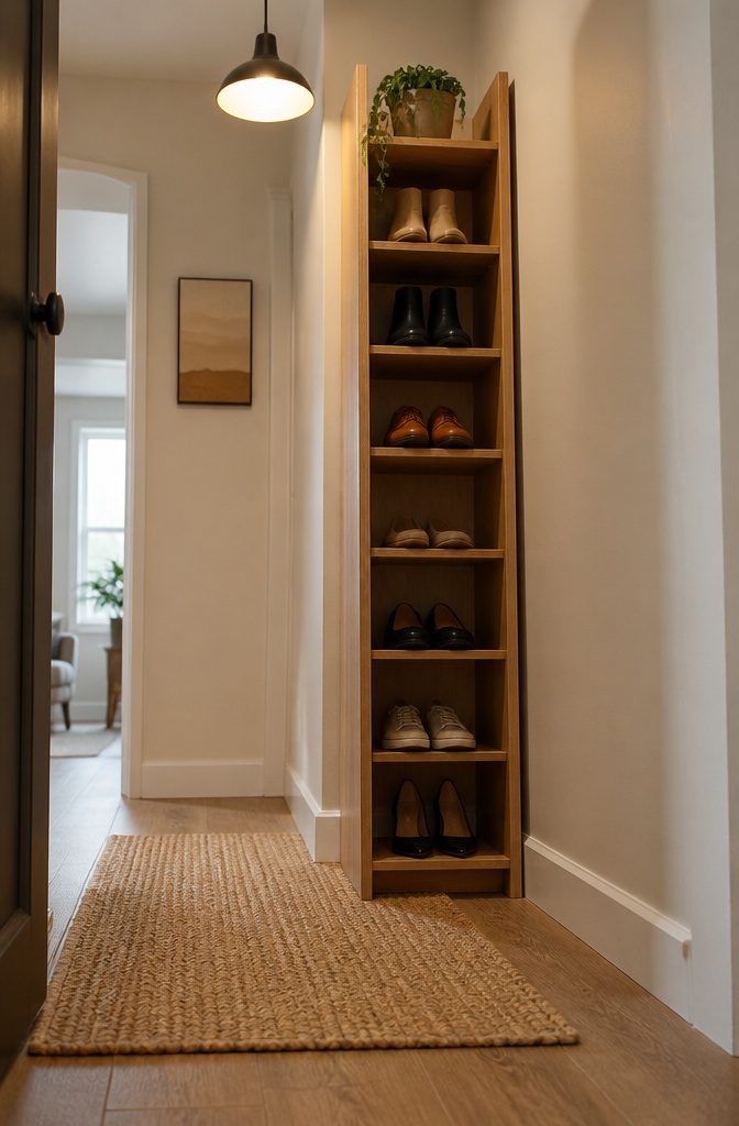 Vertical shoe storage tower holding multiple pairs of shoes.