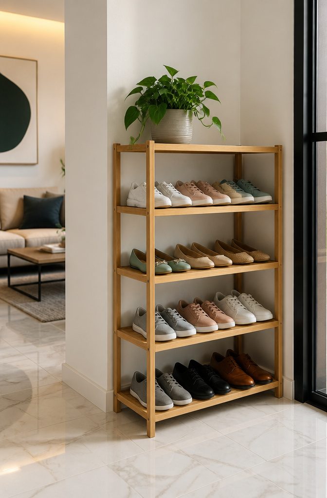 Stackable shoe rack with several tiers of assorted footwear.