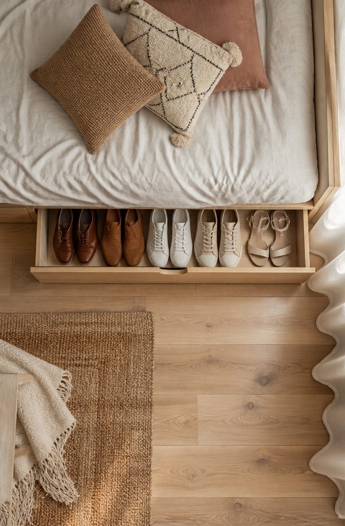 Under-bed shoe storage drawer designed for easy access.