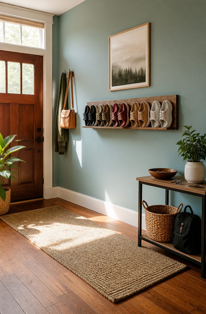 Wall-mounted shoe rack displaying footwear vertically.