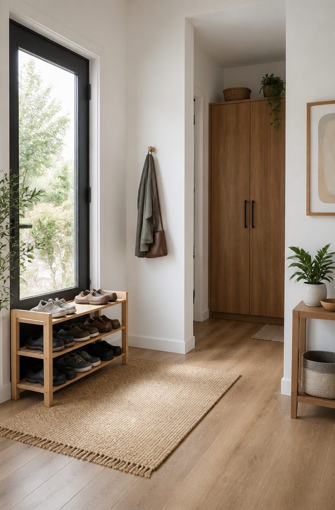 Shoe rack positioned by the front door for easy access.
