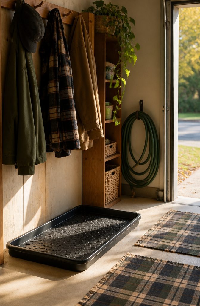 A heavy-duty boot tray by the entryway for muddy footwear.