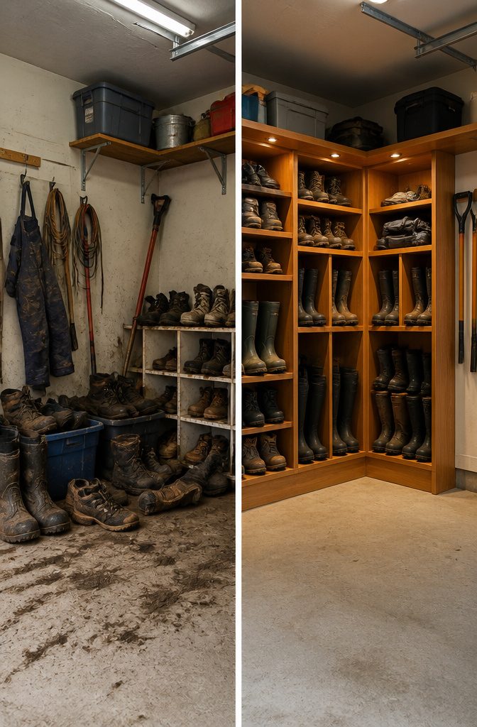 Tailored storage for different types of work boots in a garage.