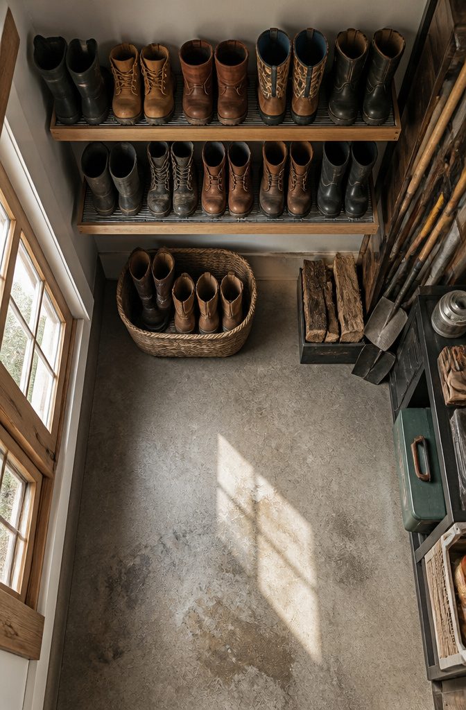 Storage baskets labeled for wet and dry season boots.
