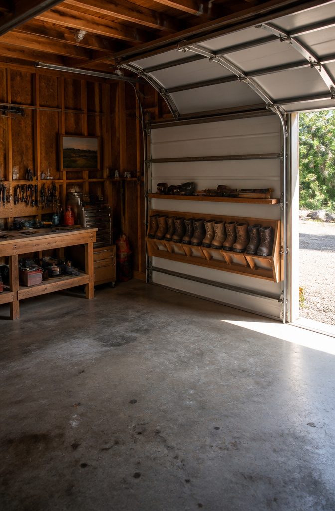 A shallow rack mounted behind a garage door for boot storage.